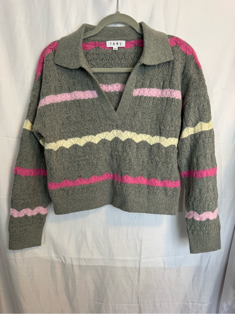 THML Gray V-Neck Collared Sweater with Pink & Cream Stripes Size XS